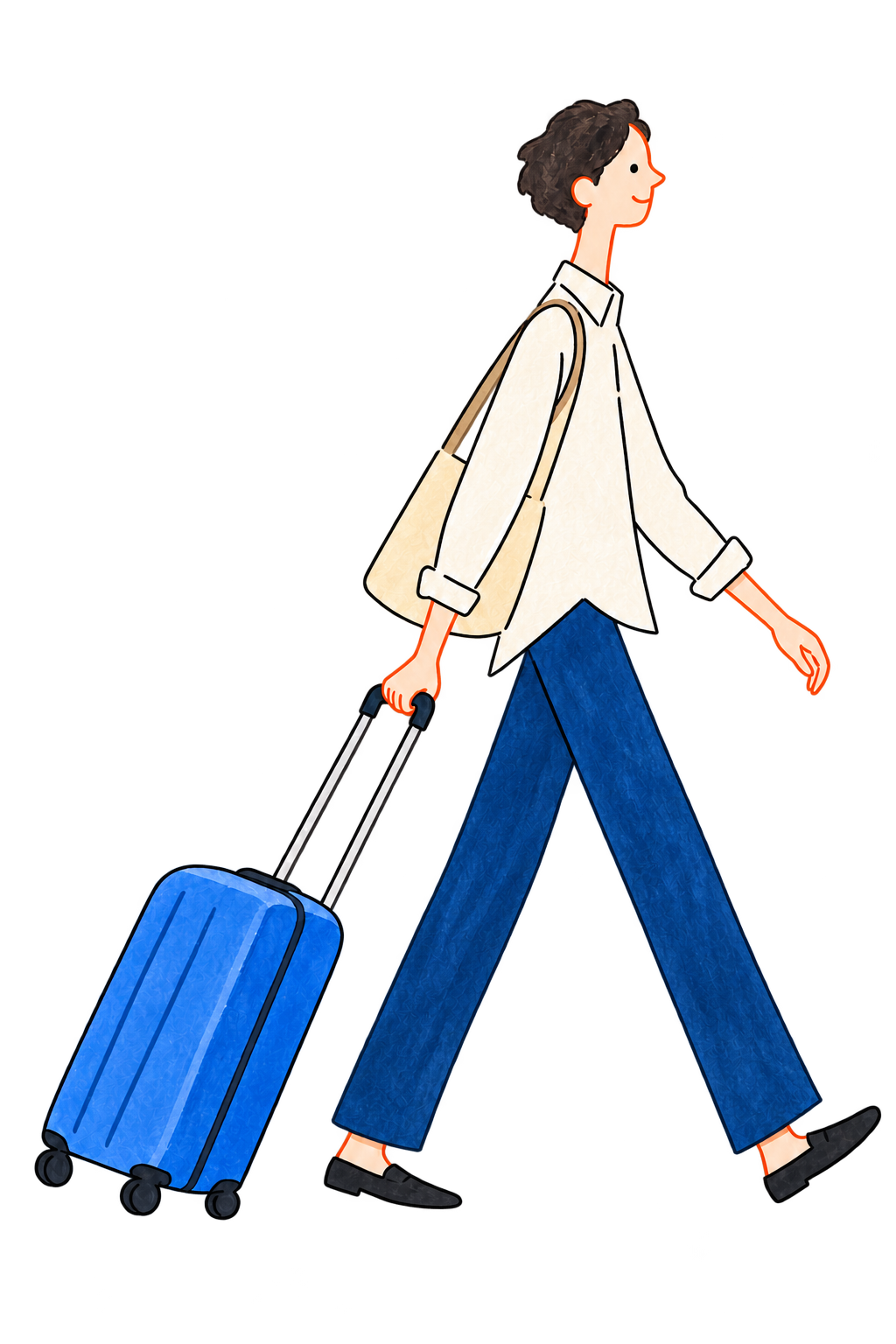 スーツケースを引いて旅行へ出かける男性のイラスト