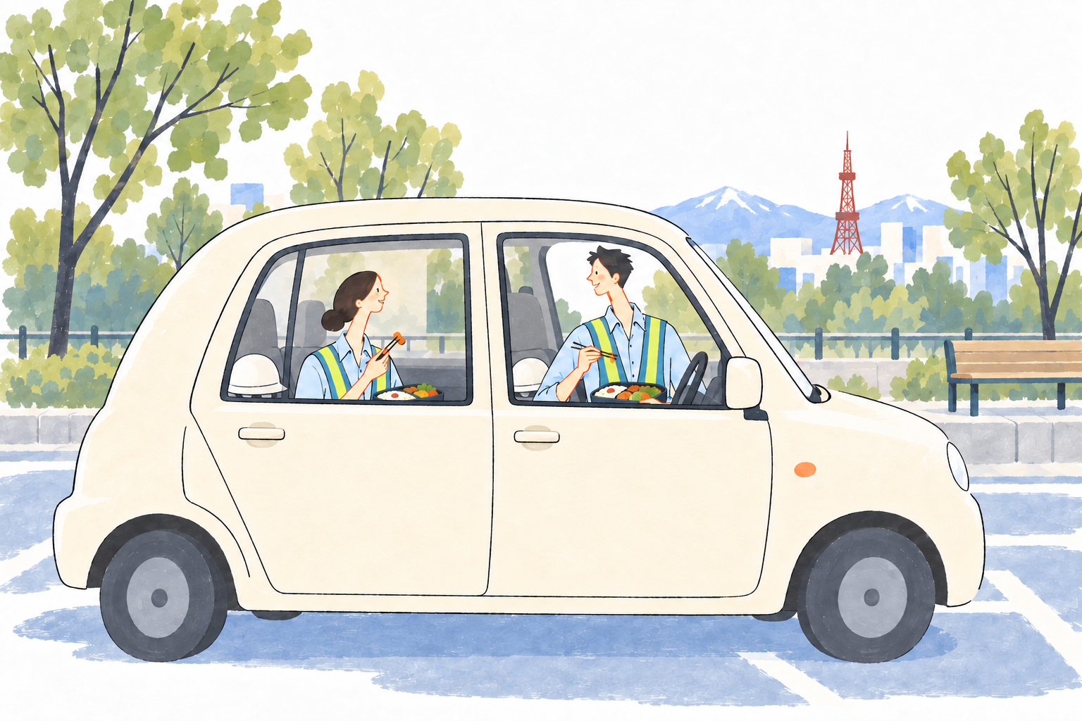 停車した車内でお弁当を食べる警備員のイメージ