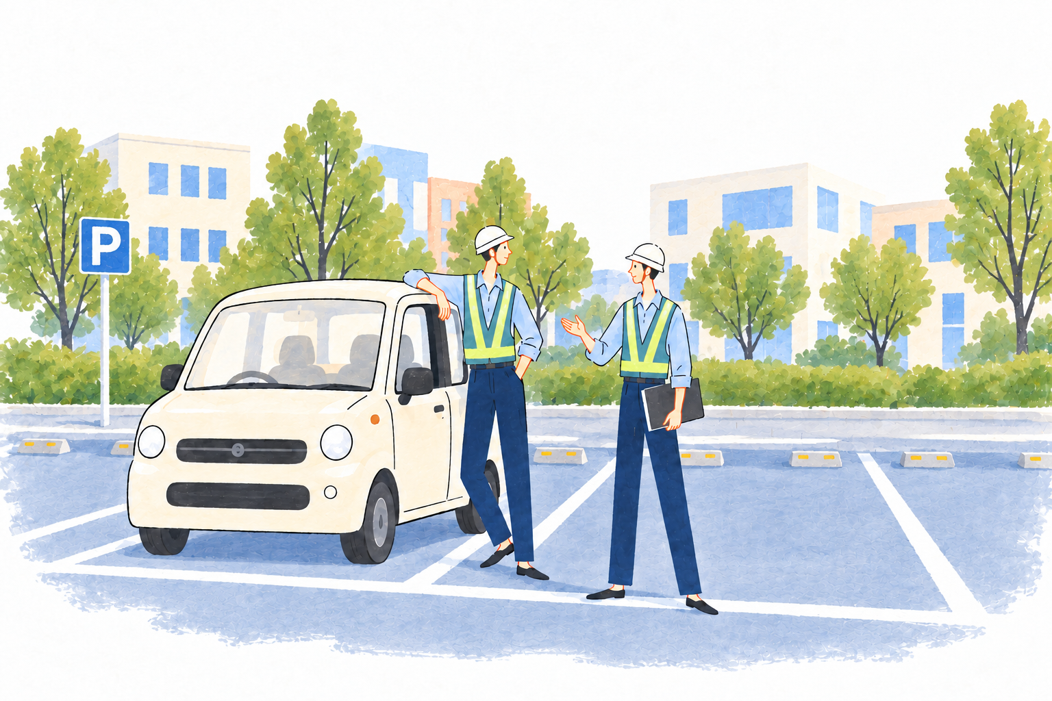 送迎車のそばで朝の集合をする警備員のイメージ